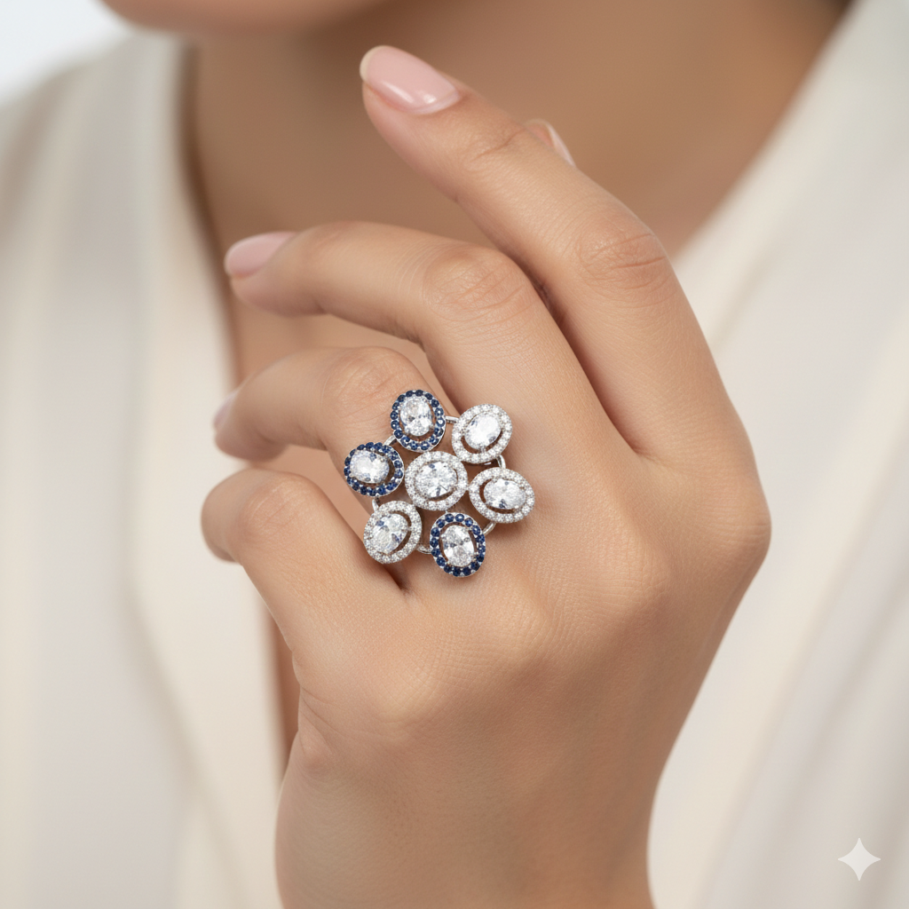 Silver Floral Cluster Ring – Blue &amp; White Sparkle