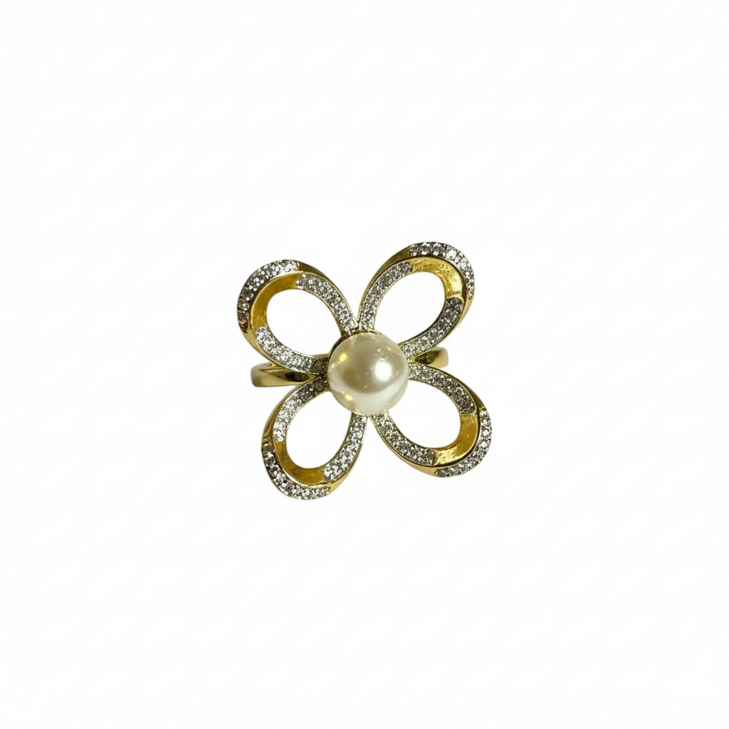 Silver Pearl Flower Ring | Gold Finish Floral Ring