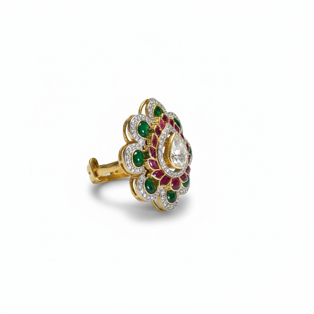 Royal Floral Gold-Tone Statement Ring – Green and  Red Accents