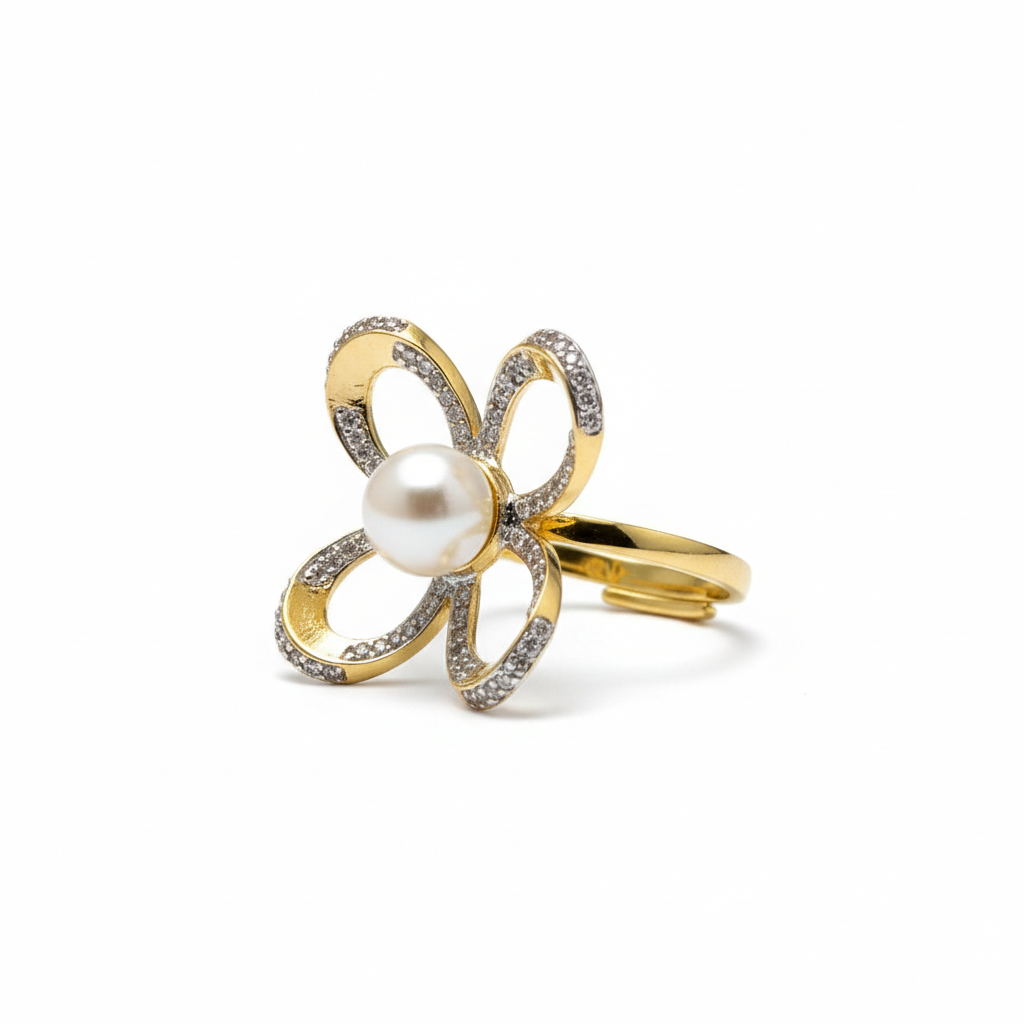 Silver Pearl Flower Ring | Gold Finish Floral Ring