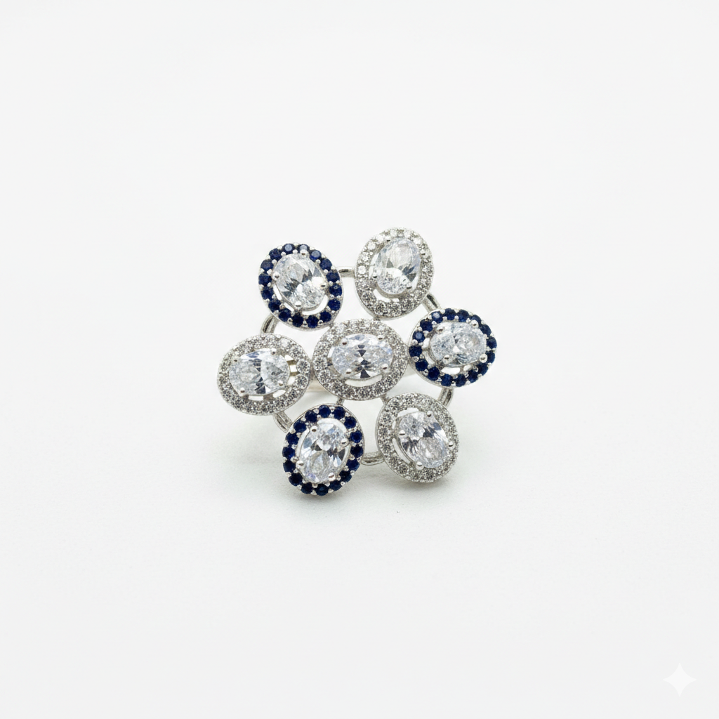 Silver Floral Cluster Ring – Blue &amp; White Sparkle