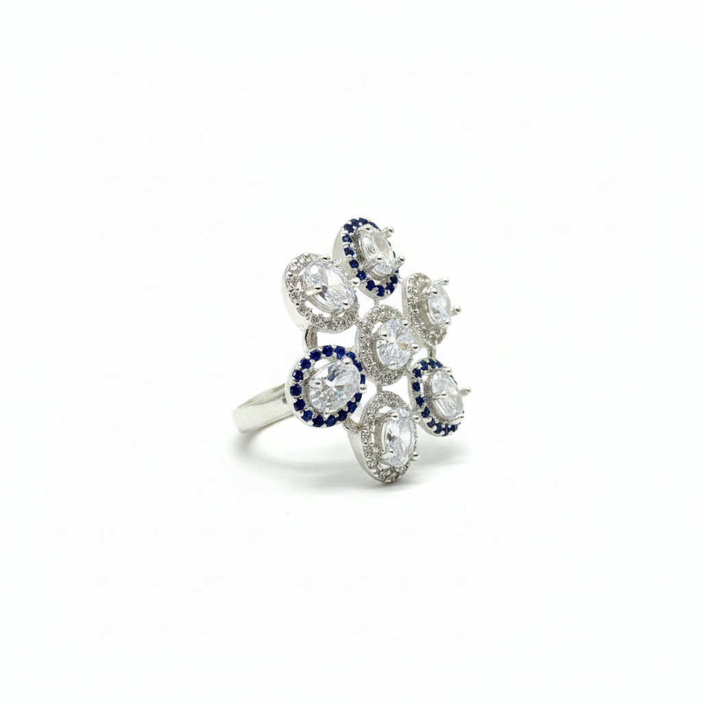 Silver Floral Cluster Ring – Blue &amp; White Sparkle