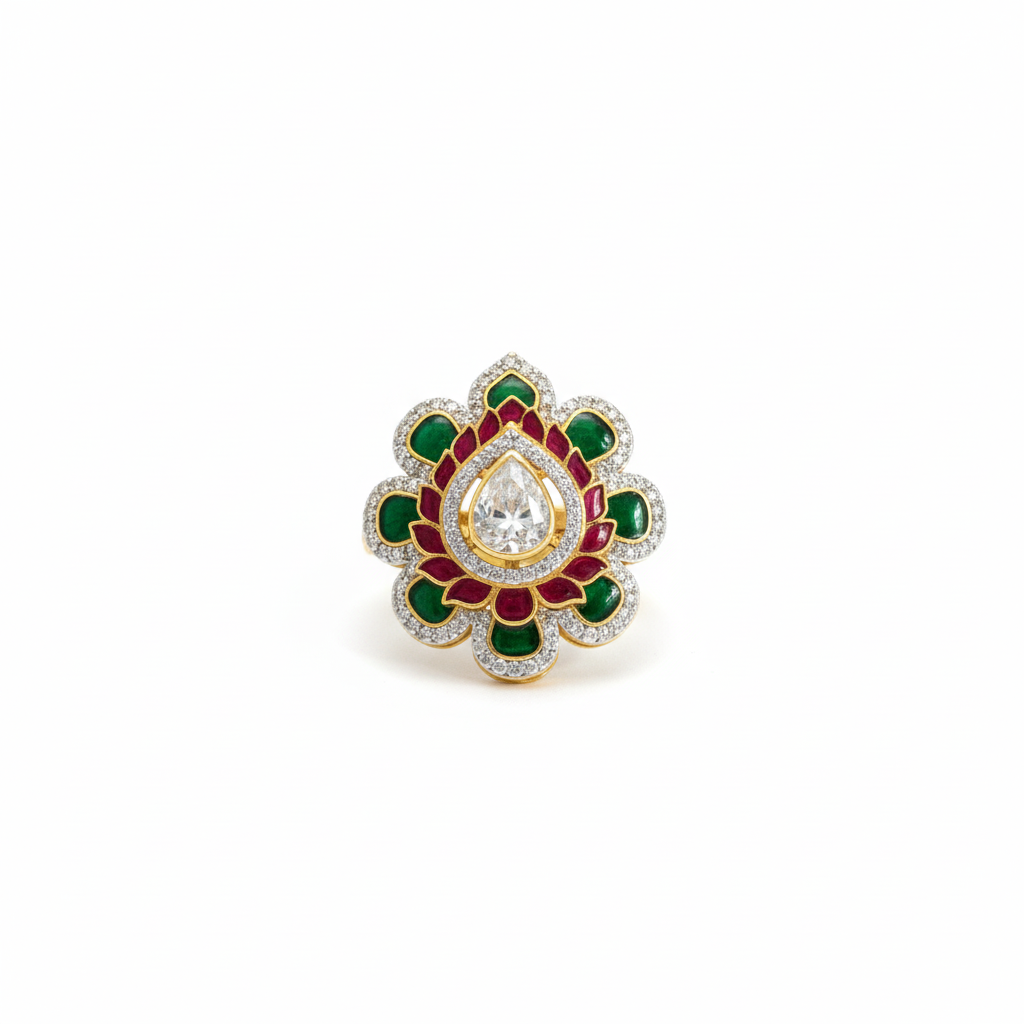 Royal Floral Gold-Tone Statement Ring – Green and  Red Accents