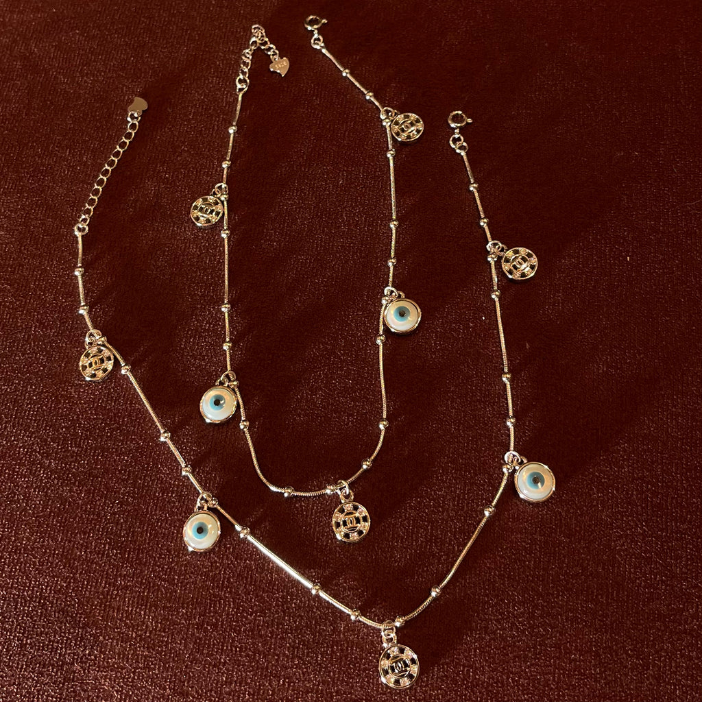 Silver Evil Eye Charm Adustable Anklet
