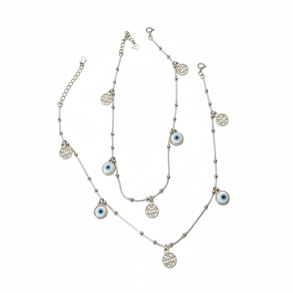 Silver Evil Eye Charm Adustable Anklet