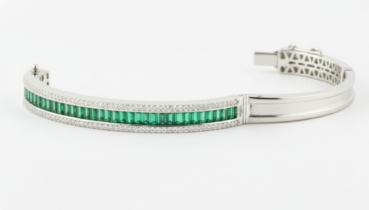 Emerald Line Stone-Studded Silver Bracelet