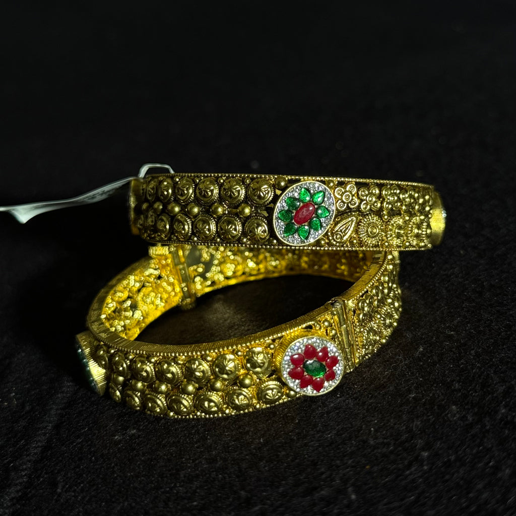 Green AND  Red Stone Studded Traditional Bangles Silver