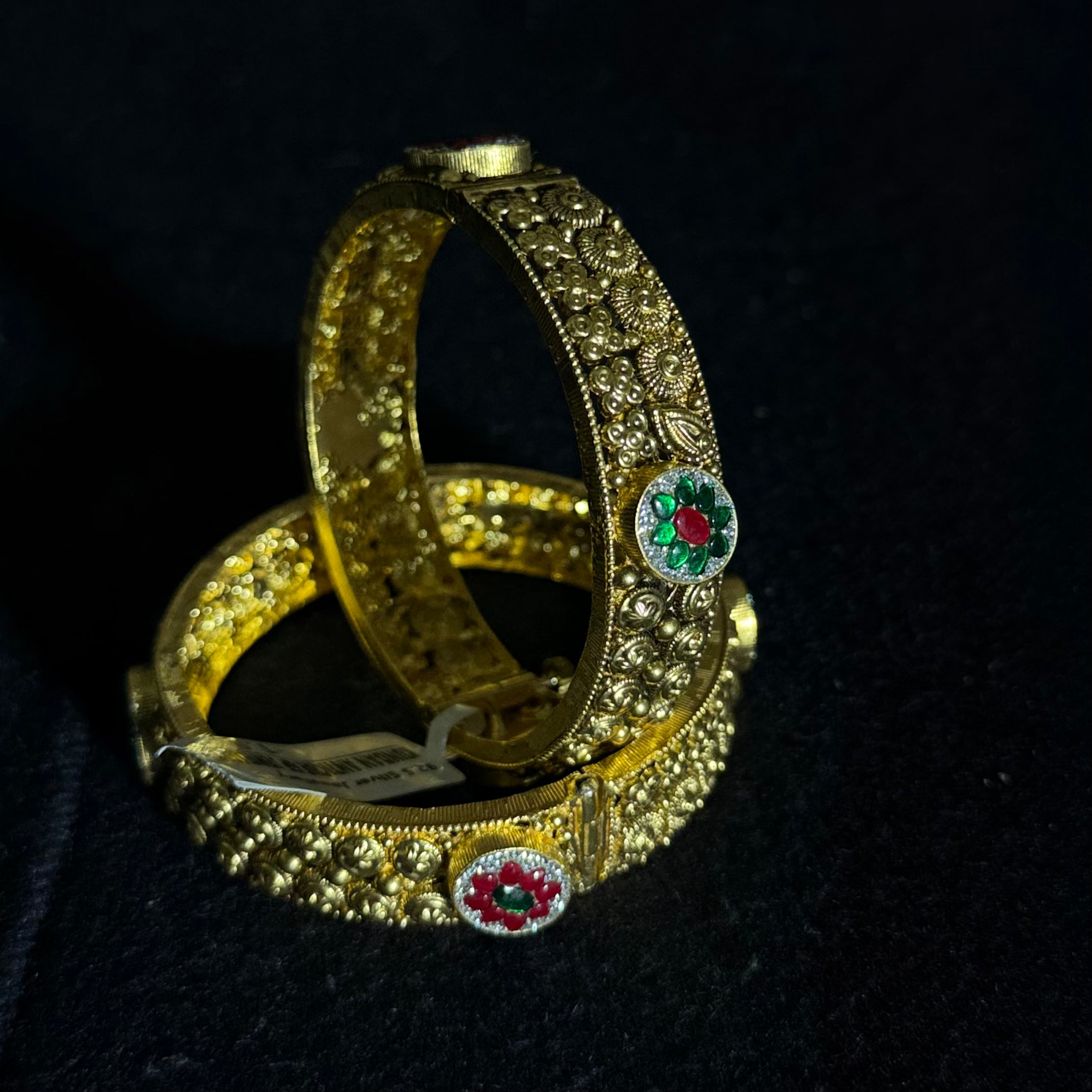 Green AND  Red Stone Studded Traditional Bangles Silver