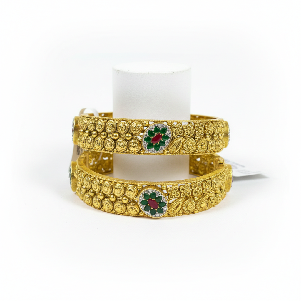 Green AND  Red Stone Studded Traditional Bangles Silver