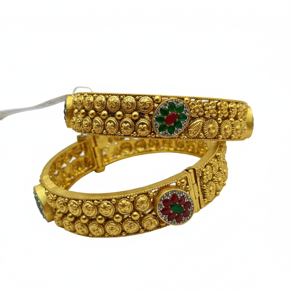 Green AND  Red Stone Studded Traditional Bangles Silver
