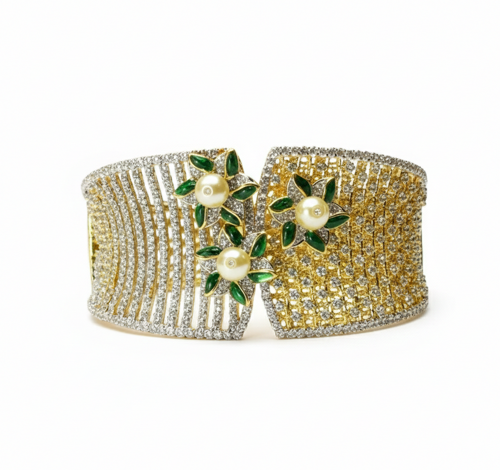 Floral Stone-Studded Designer Silver Bracelet
