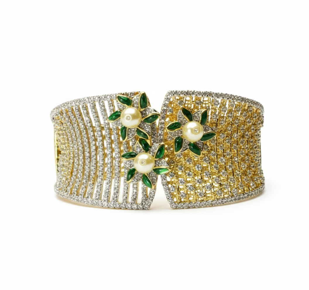 Floral Stone-Studded Designer Silver Bracelet