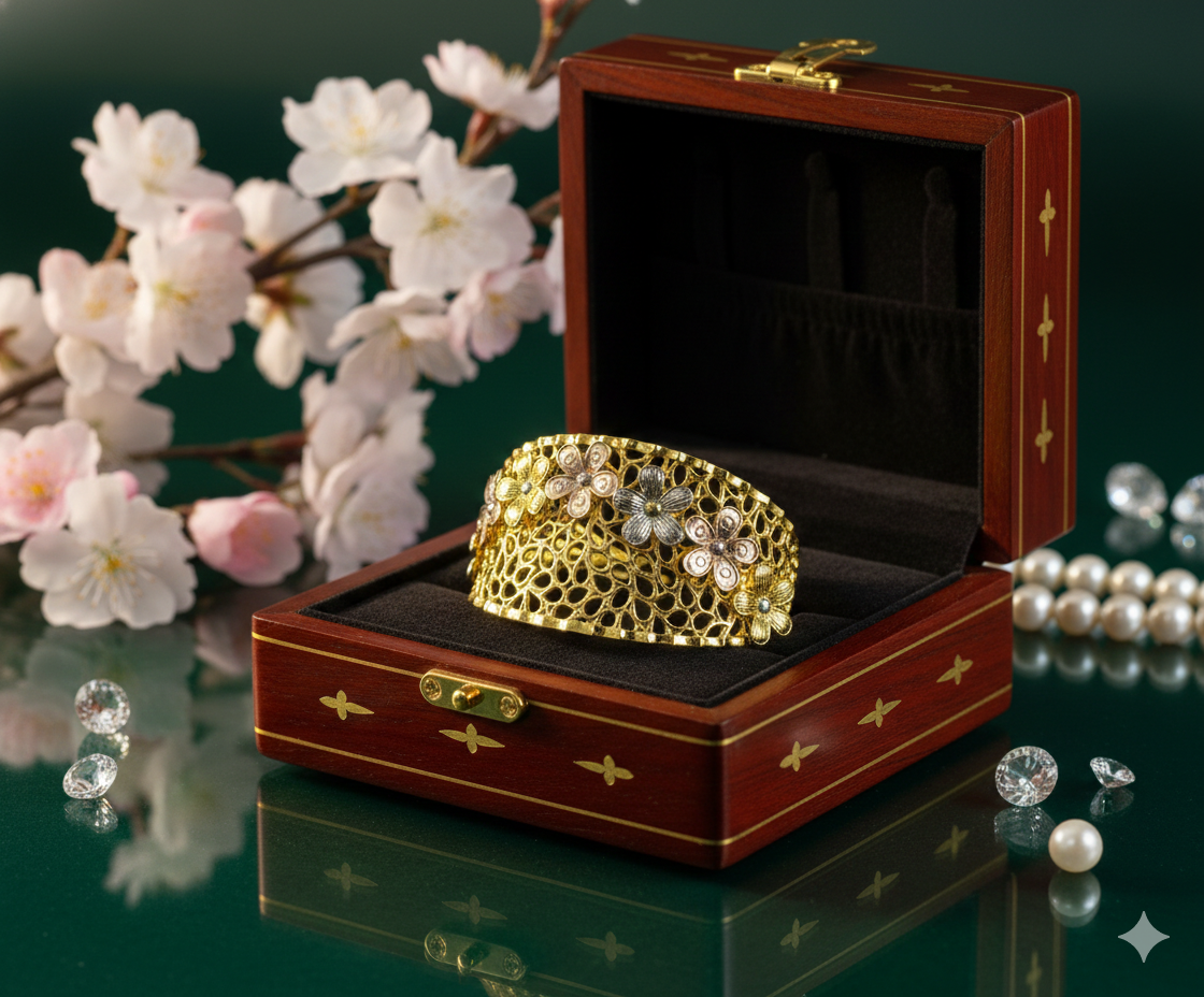 Floral Designer Silver Bracelet (Gold Finish)