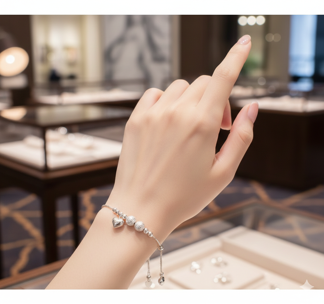 Elegant Silver Beads &amp; Heart Charm Bracelet (Girls)