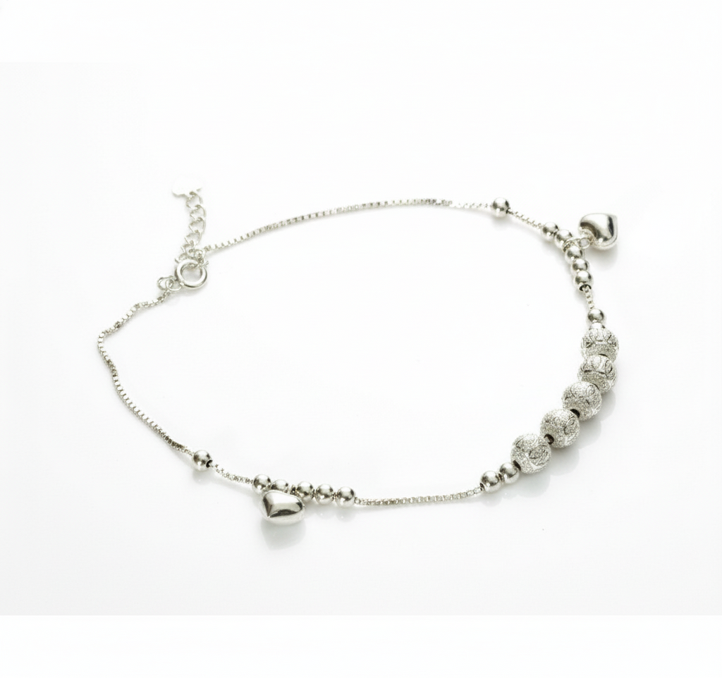 Elegant Silver Beads Heart Charm Anklet Single (Girls)