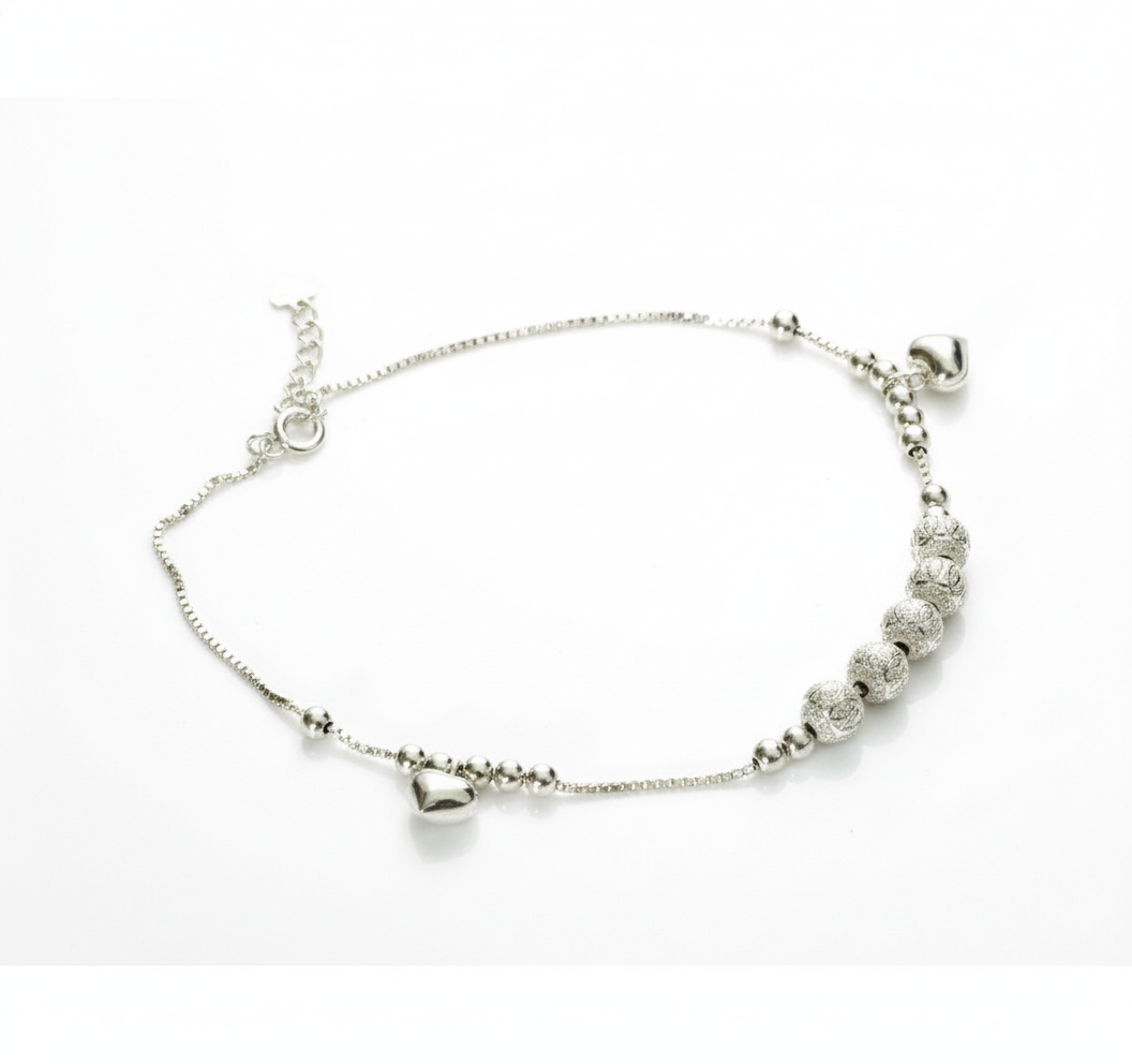 Elegant Silver Beads &amp; Heart Charm Bracelet (Girls)