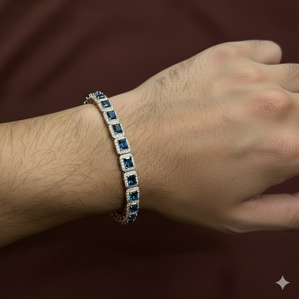 Silver Base Blue Stone Bracelet Men`s
