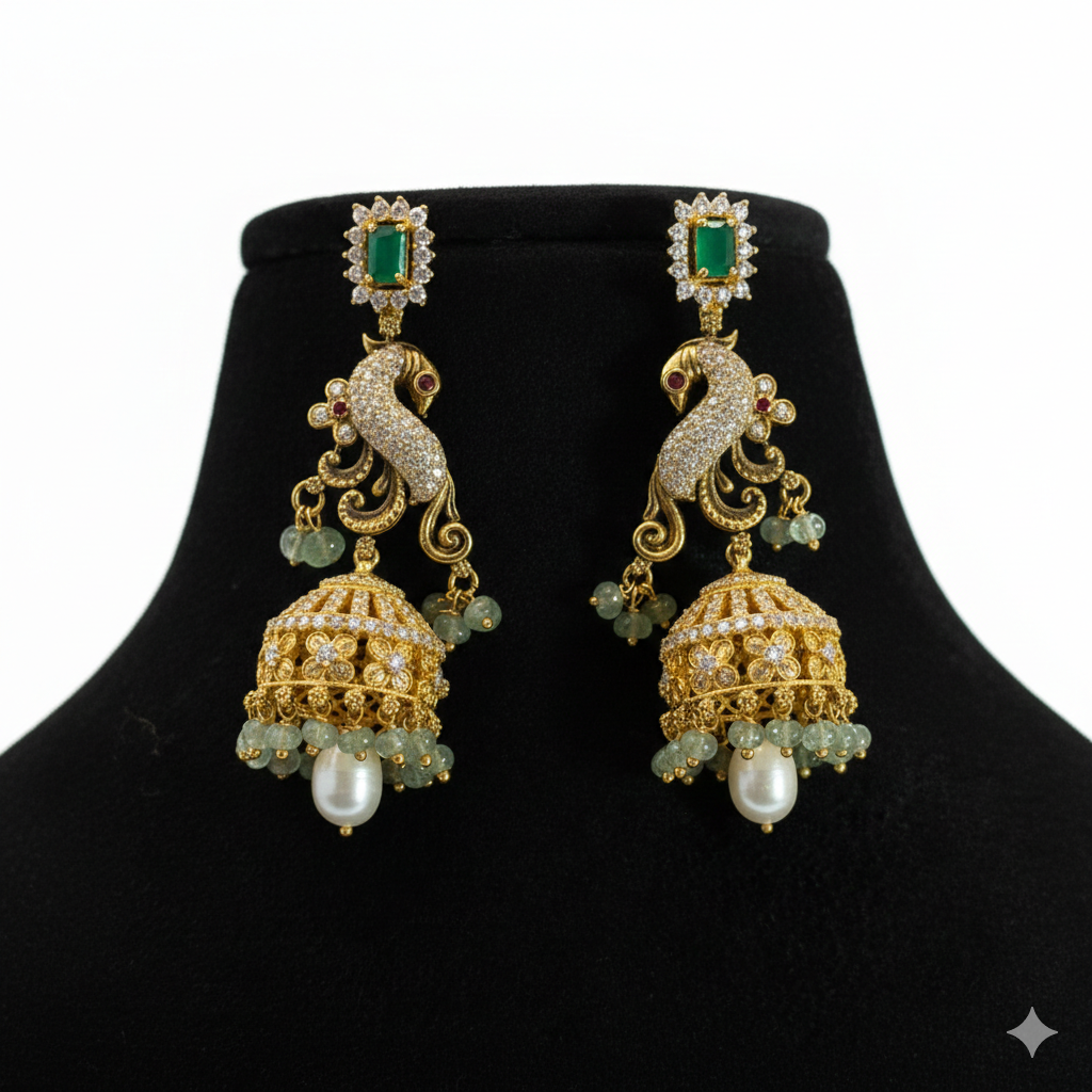 Elegant Peacock Jhumka Earrings in High-Polish Silver