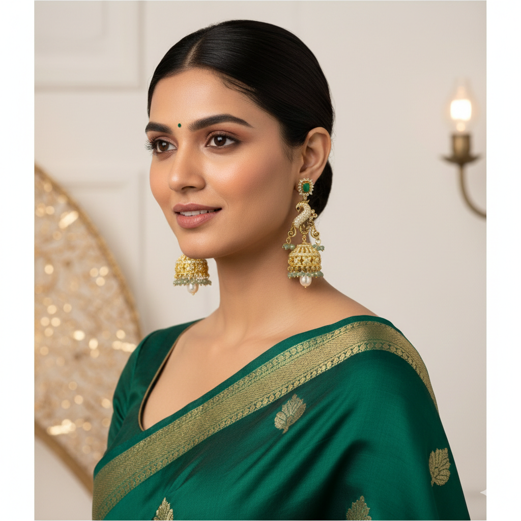 Elegant Peacock Jhumka Earrings in High-Polish Silver