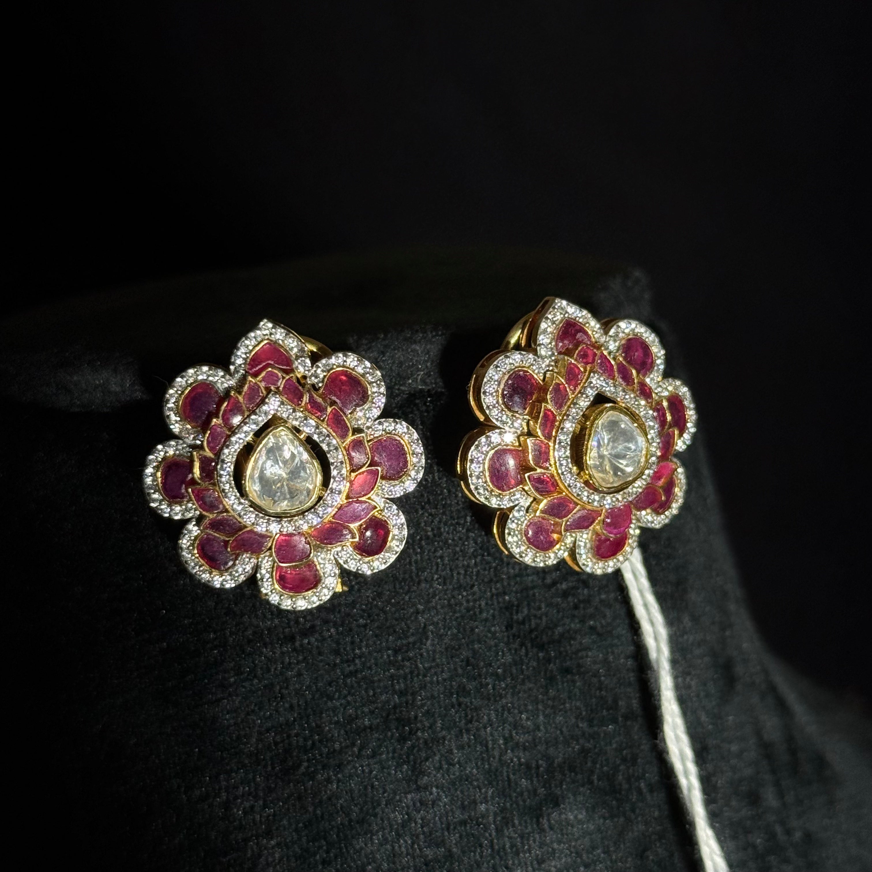 Floral Stone Stud Earrings in Original Silver