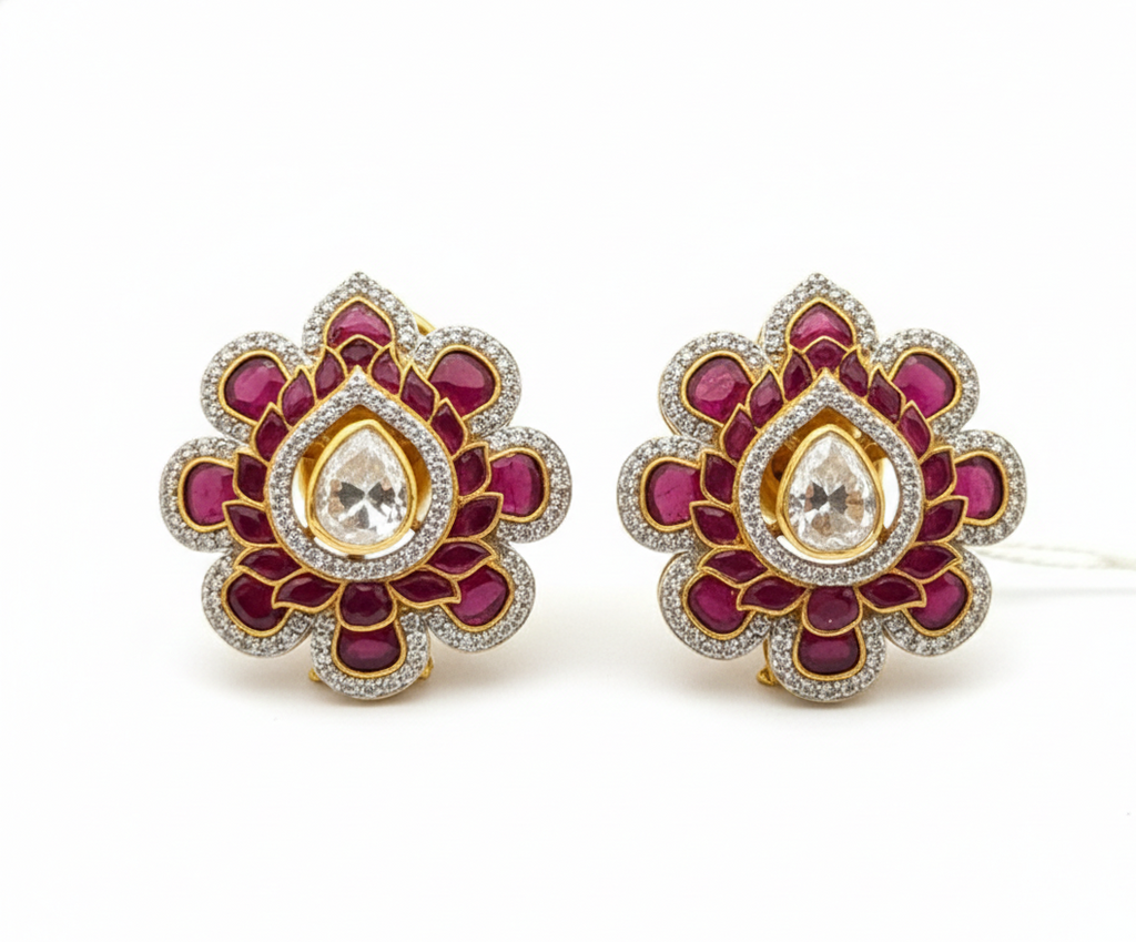 Floral Stone Stud Earrings in Original Silver