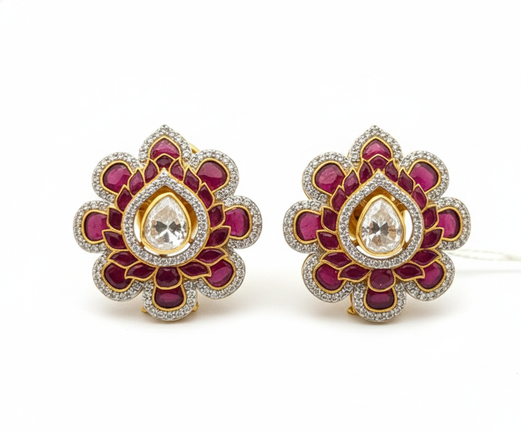 Floral Stone Stud Earrings in Original Silver