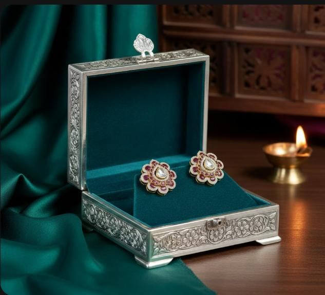 Floral Stone Stud Earrings in Original Silver