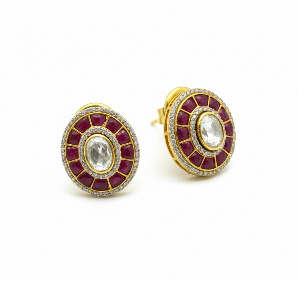 Classic Round Stone Stud Earrings in Original Silver