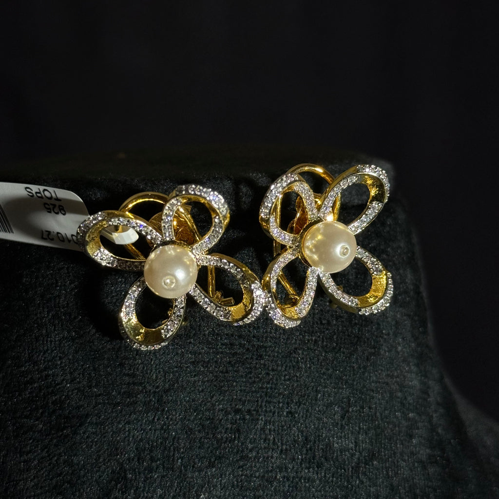 Floral Pearl Diamond-Style Stud Earrings