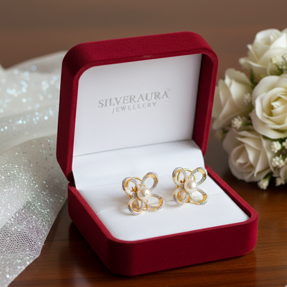 Floral Pearl Diamond-Style Stud Earrings