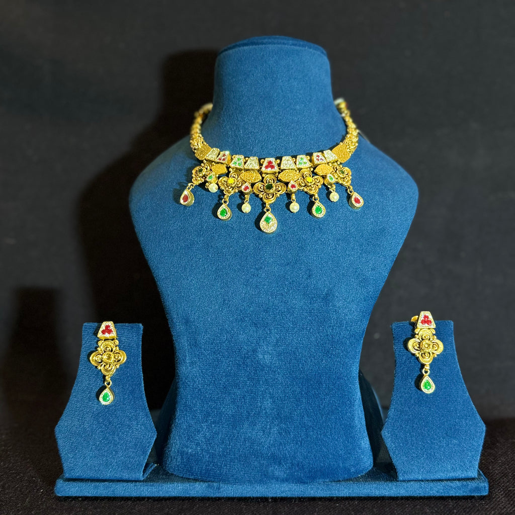 Traditional Gold-Finish Necklace Set with Earrings