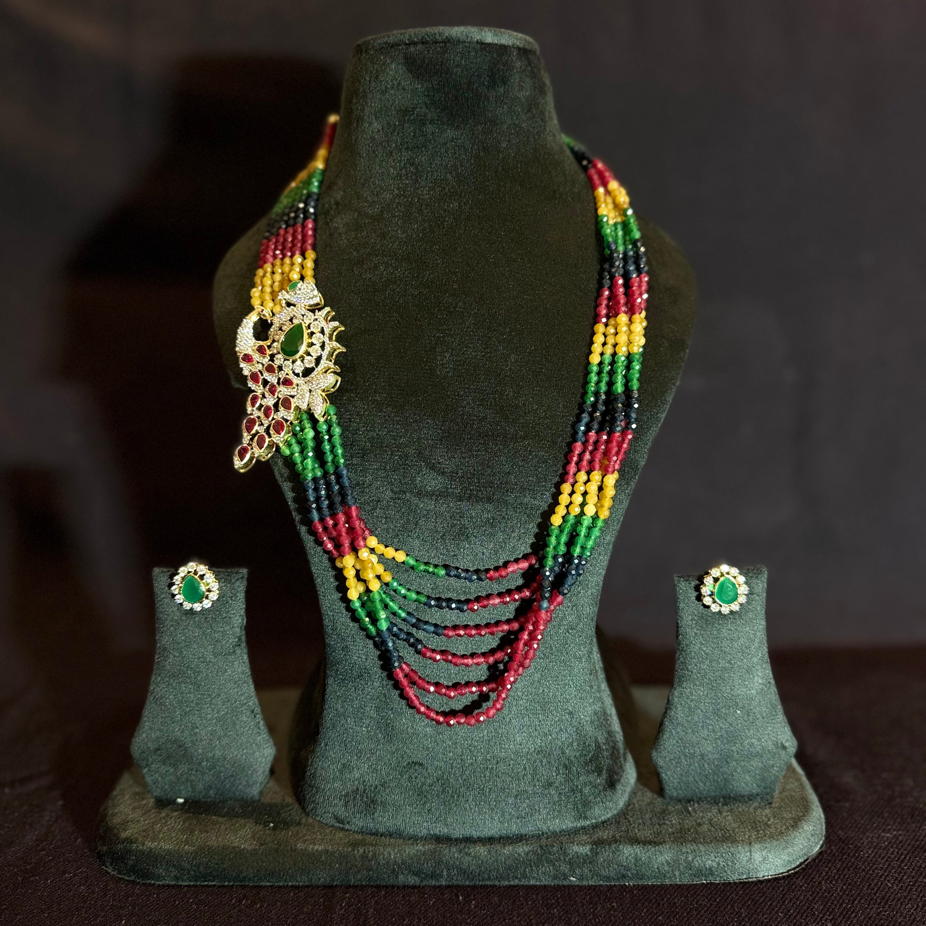 Multicolor Beaded Necklace Set with Peacock Motif Pendant