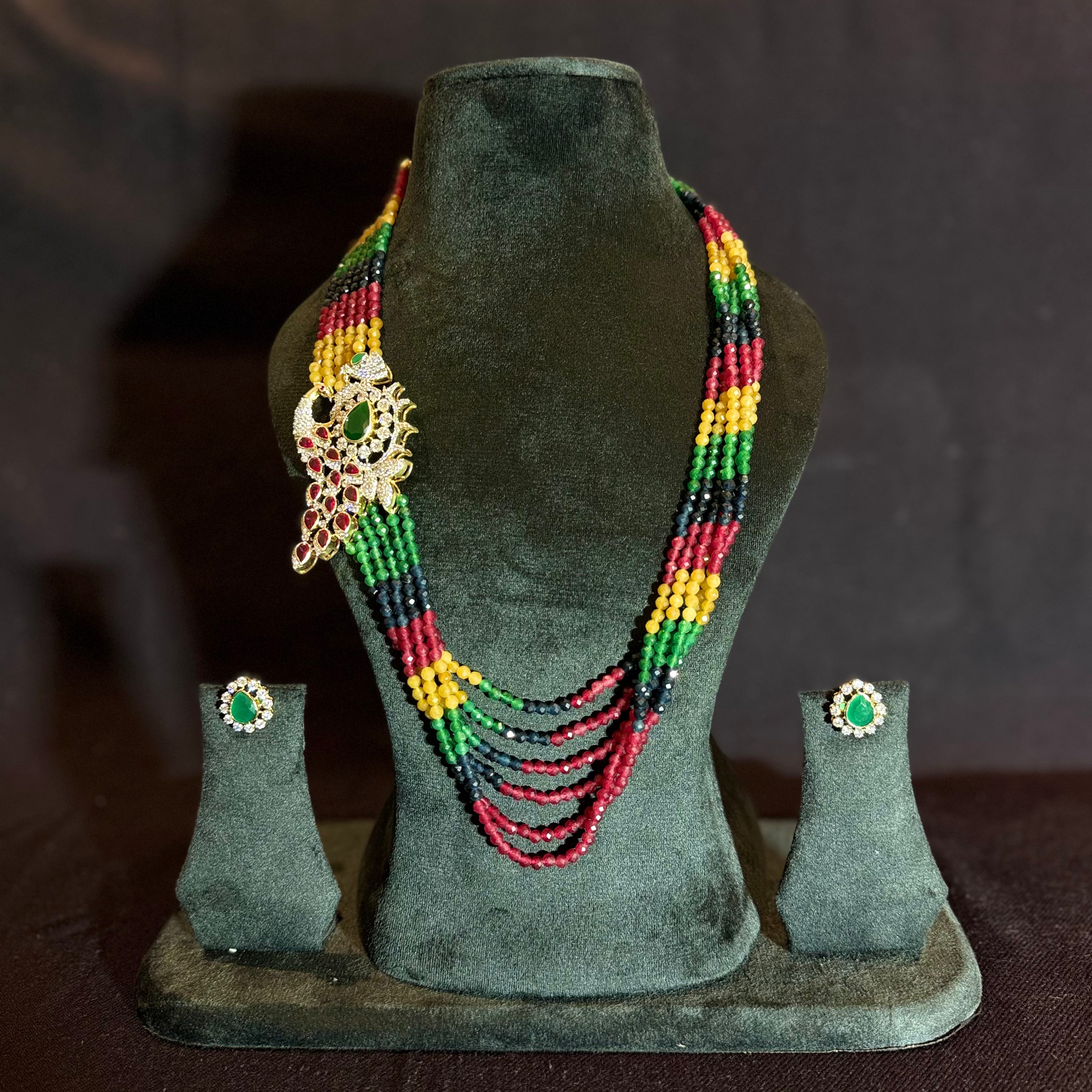 Multicolor Beaded Necklace Set with Peacock Motif Pendant