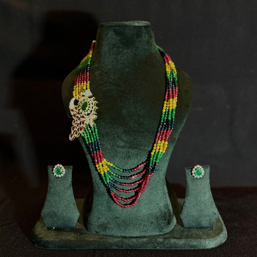 Multicolor Beaded Necklace Set with Peacock Motif Pendant