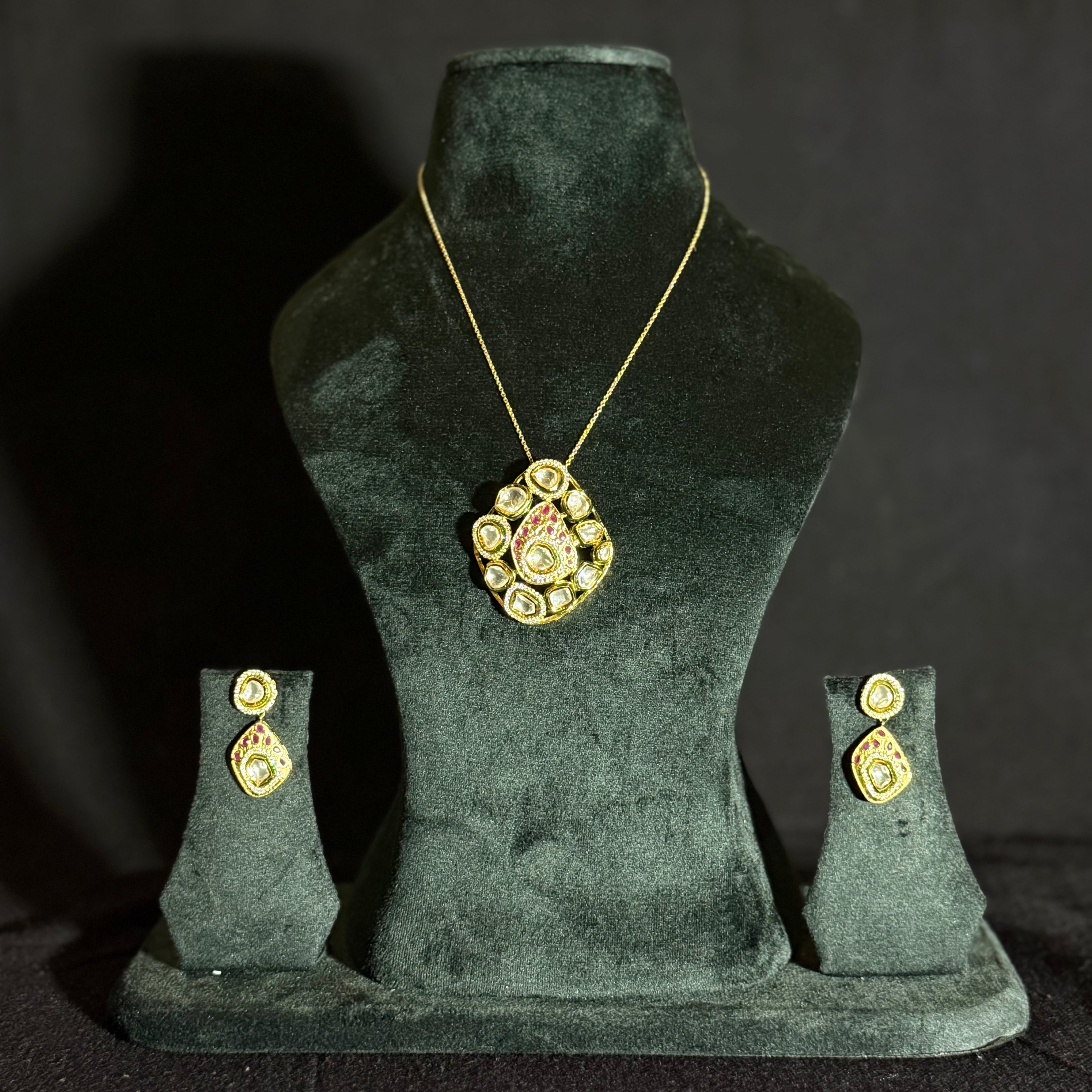Silver Polki Style Pendant Necklace Set