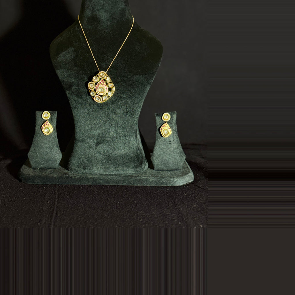 Silver Polki Style Pendant Necklace Set