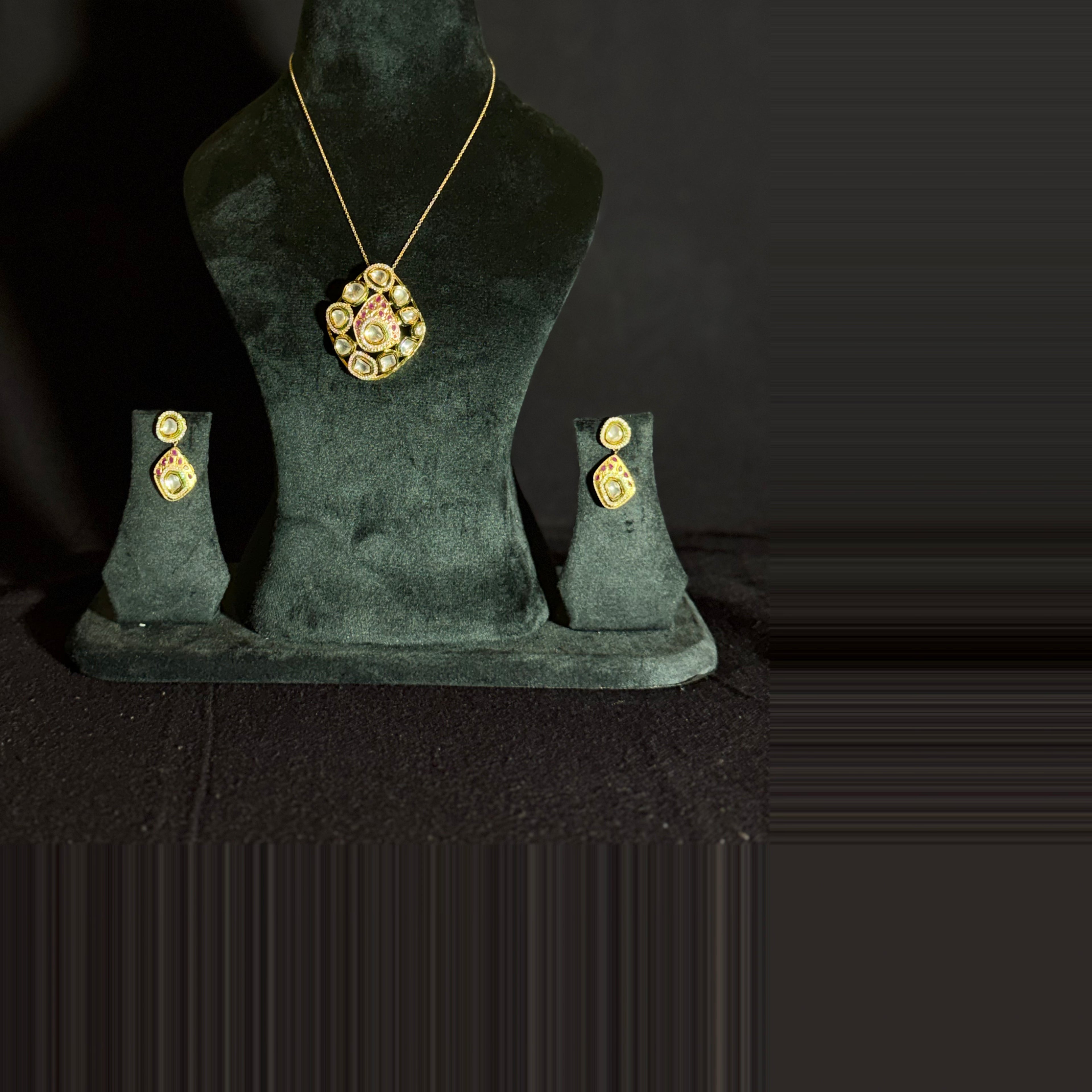 Silver Polki Style Pendant Necklace Set