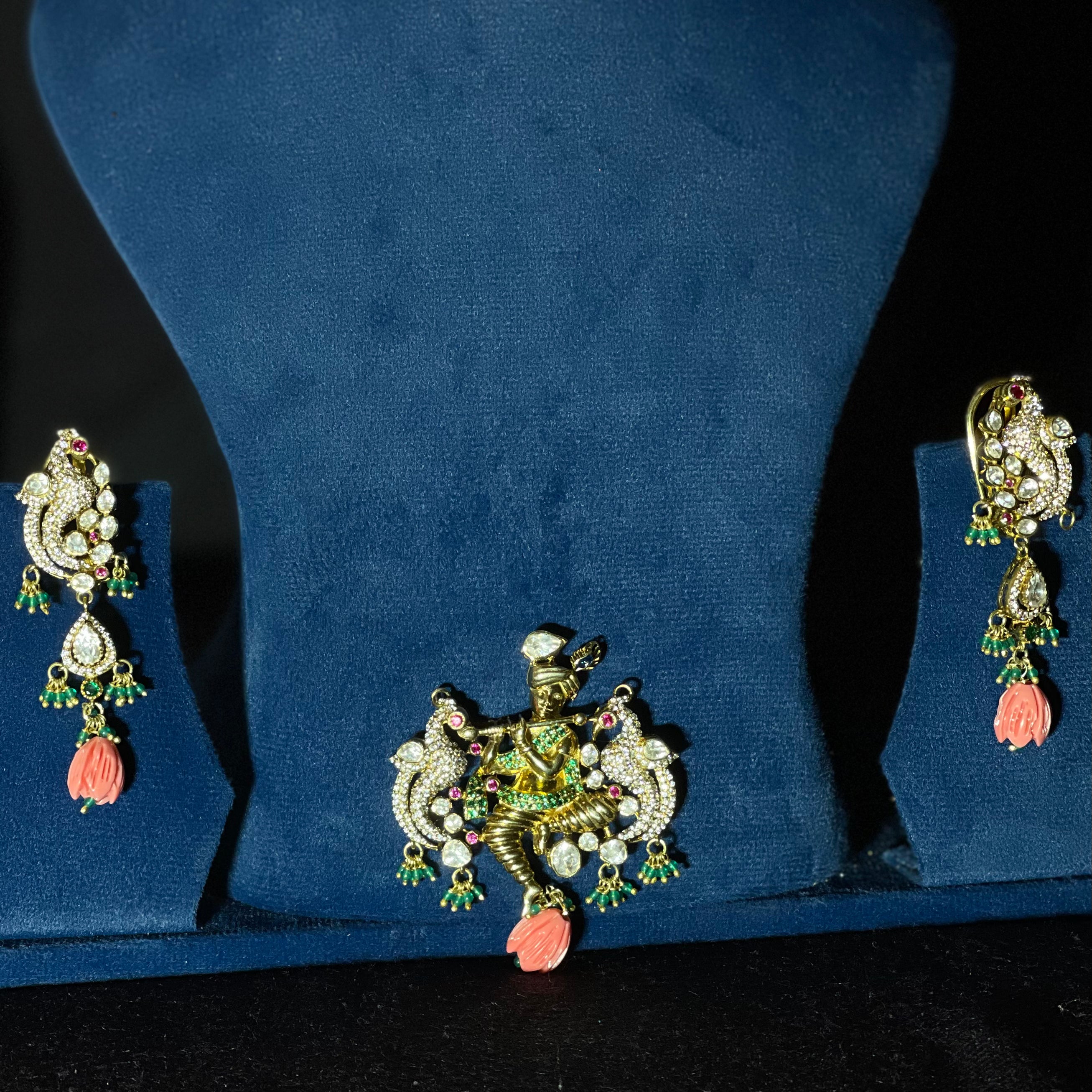 Traditional Silver Peacock shri krishna  Pendant Set