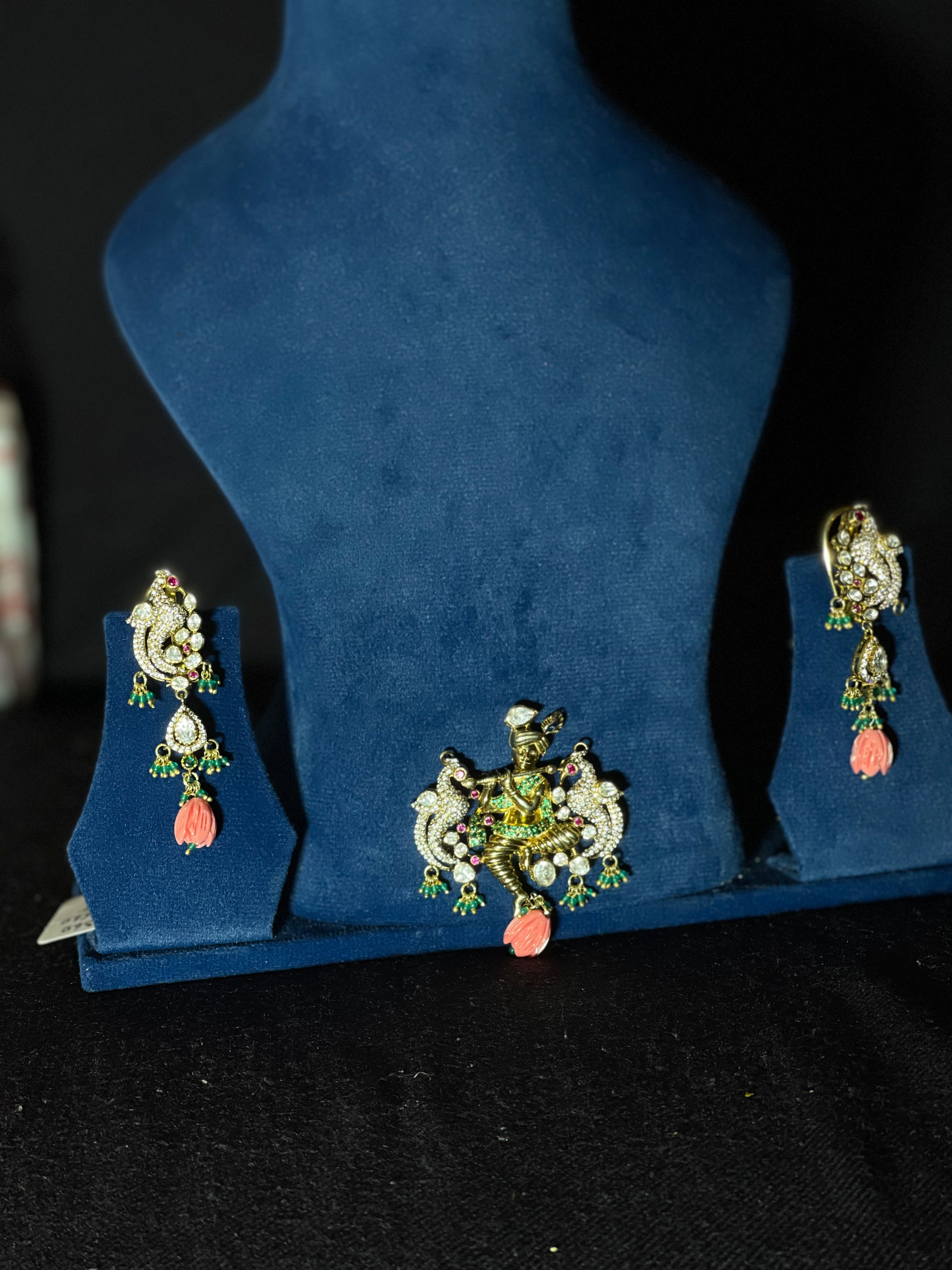 Traditional Silver Peacock shri krishna  Pendant Set