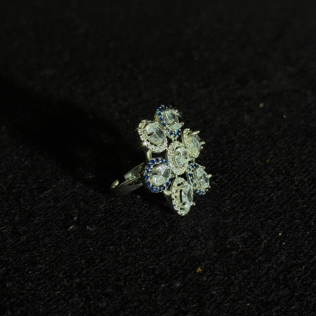 Silver Floral Cluster Ring – Blue &amp; White Sparkle