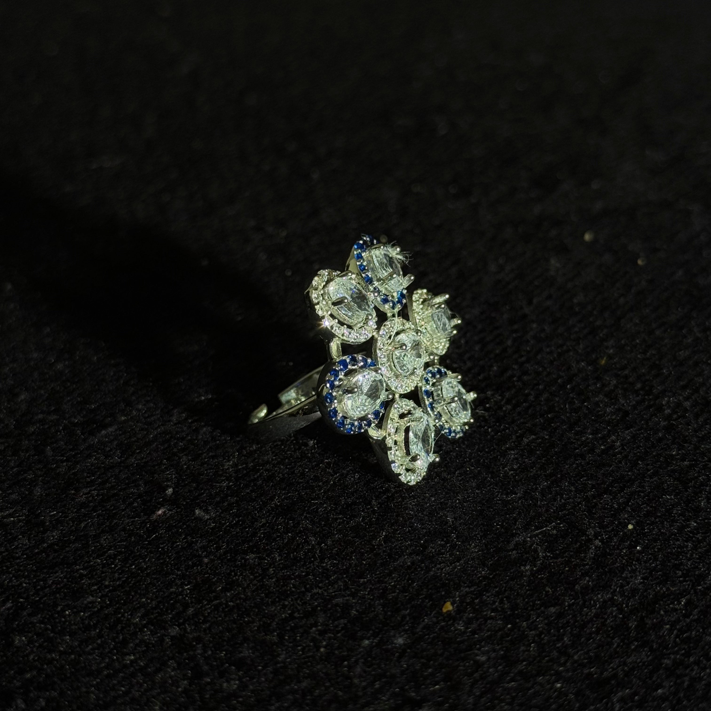 Silver Floral Cluster Ring – Blue &amp; White Sparkle