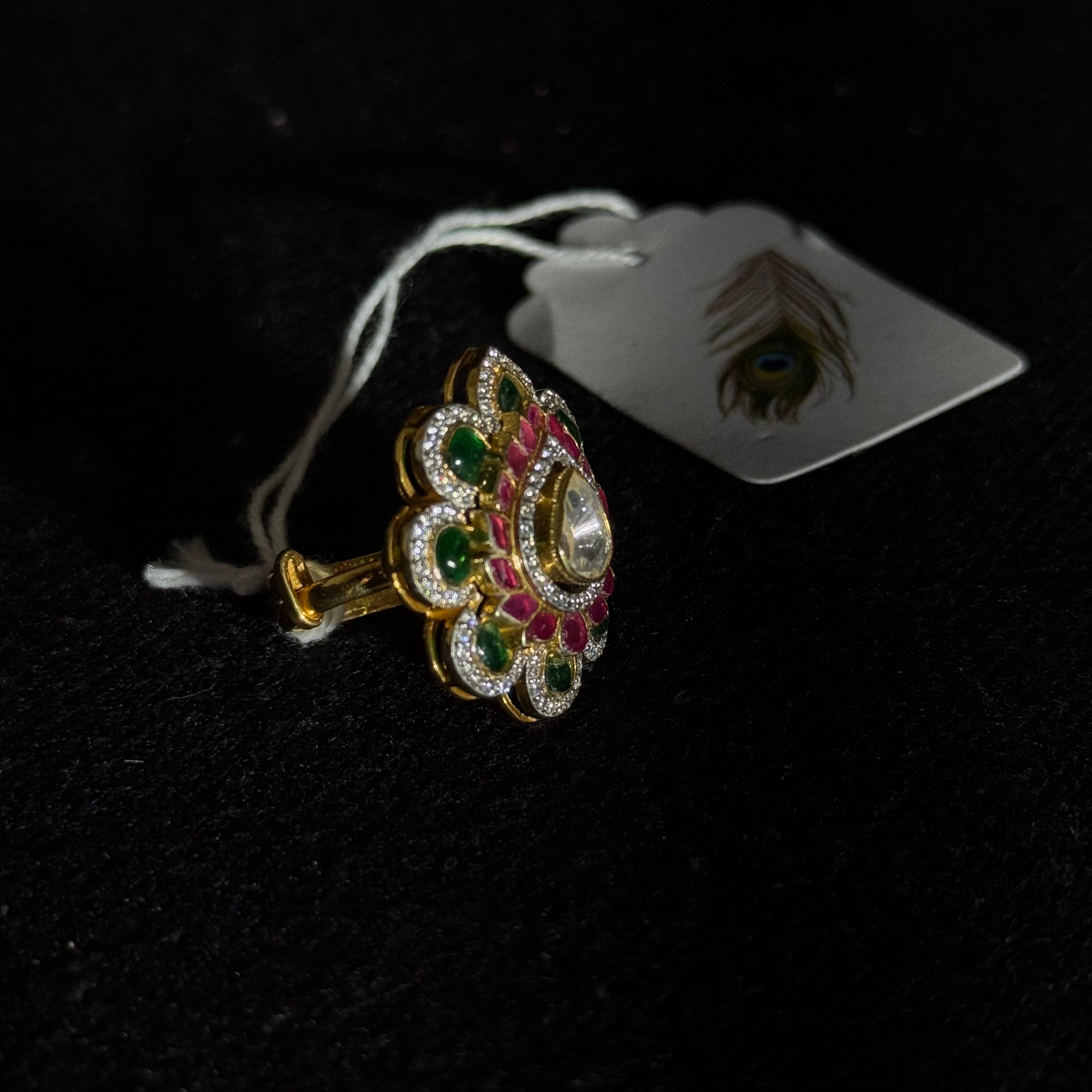 Royal Floral Gold-Tone Statement Ring – Green and  Red Accents