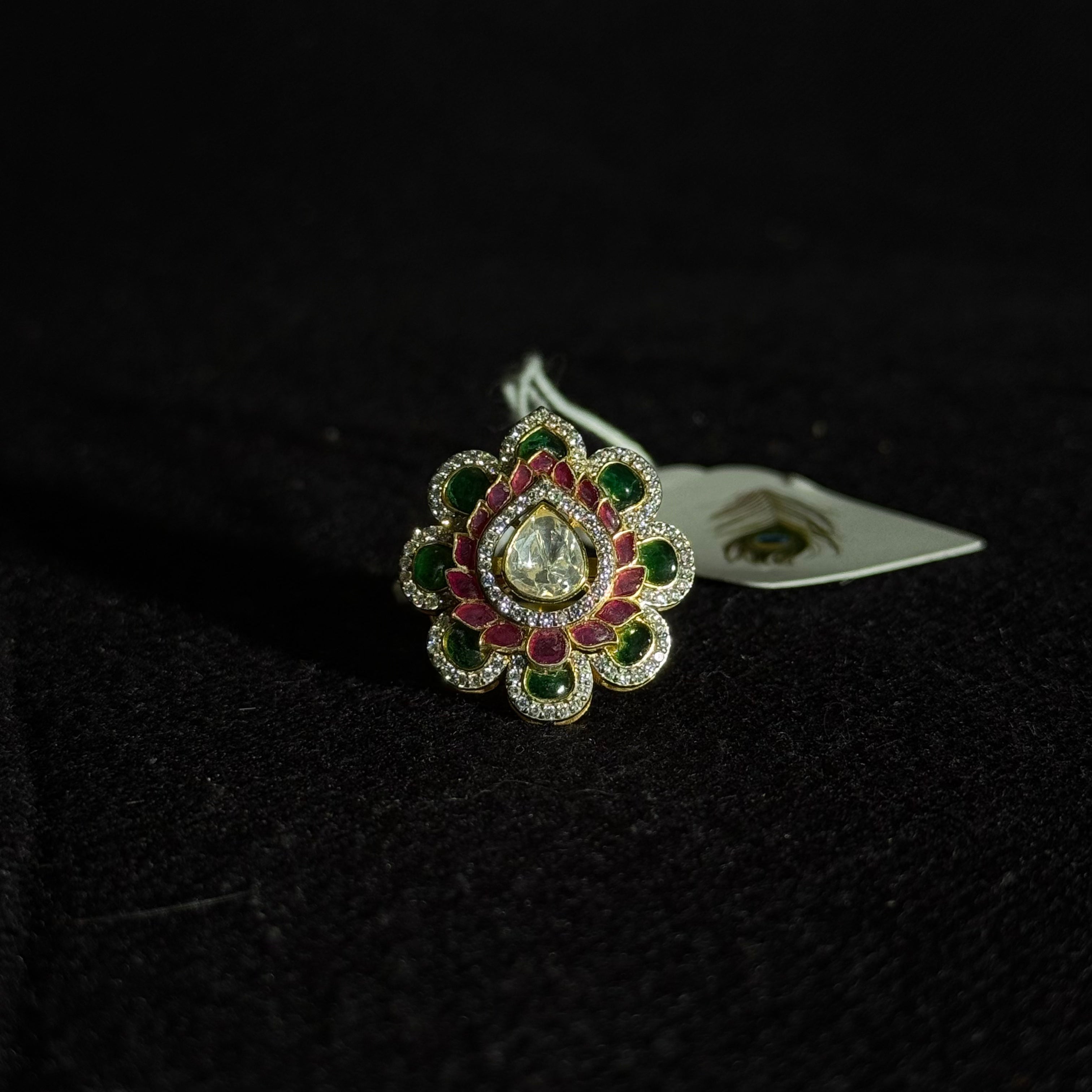 Royal Floral Gold-Tone Statement Ring – Green and  Red Accents