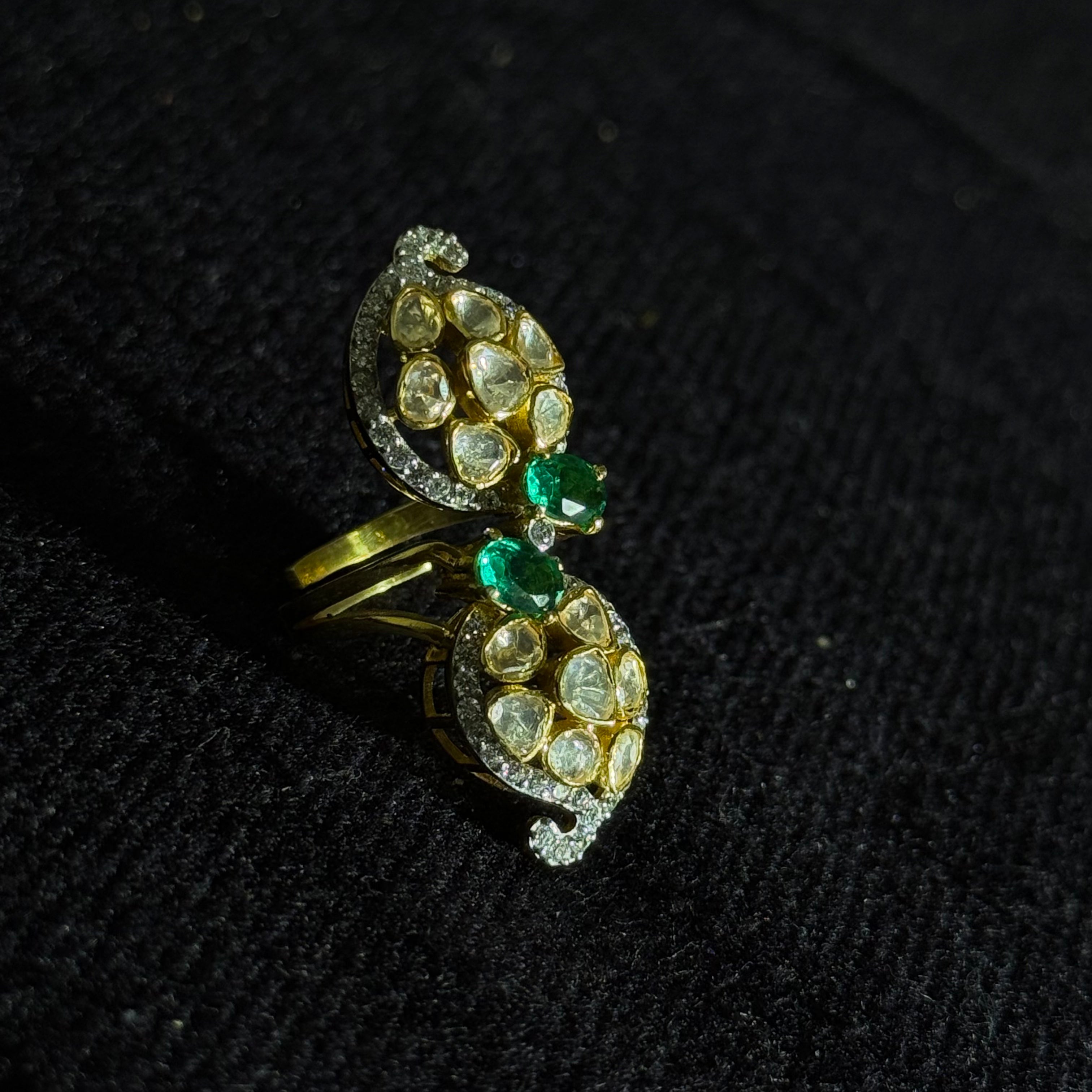 Leaf-Inspired Gold-Tone Statement Ring – Green Accents