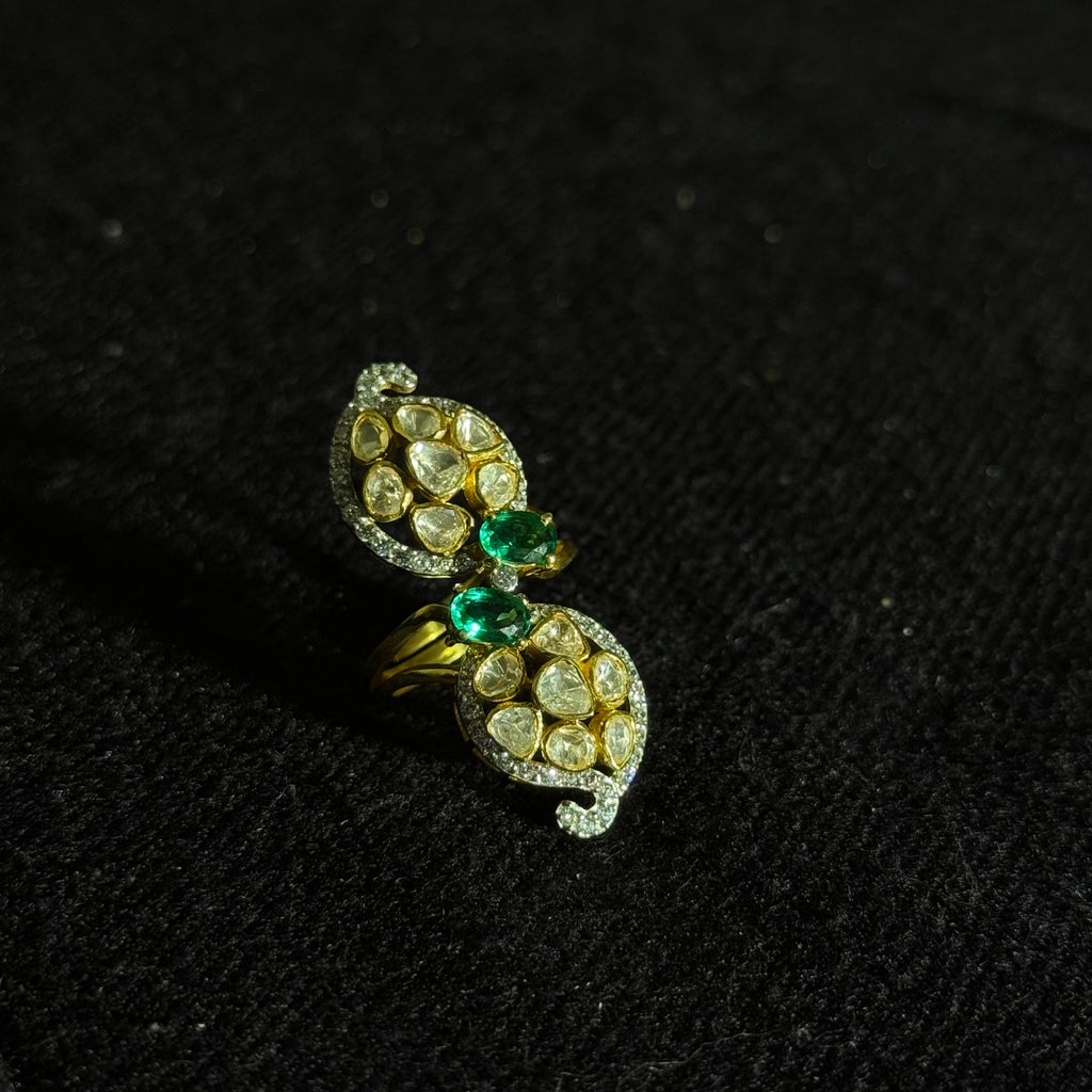Leaf-Inspired Gold-Tone Statement Ring – Green Accents