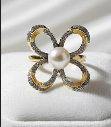 Silver Pearl Flower Ring | Gold Finish Floral Ring