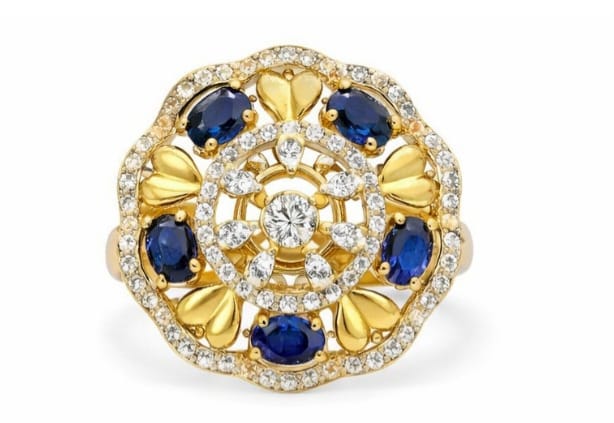 Silver Gold Floral Statement Ring with Blue Stones