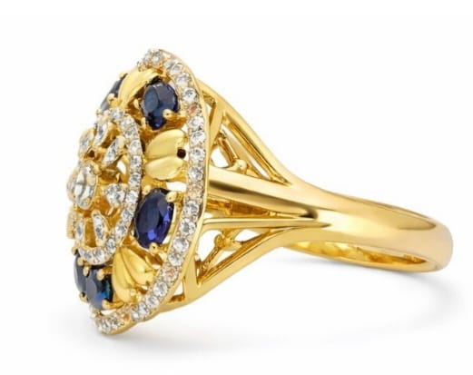 Silver Gold Floral Statement Ring with Blue Stones