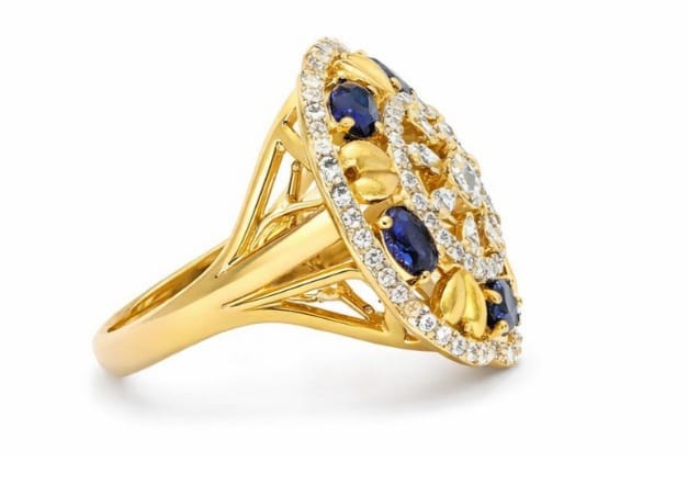 Silver Gold Floral Statement Ring with Blue Stones
