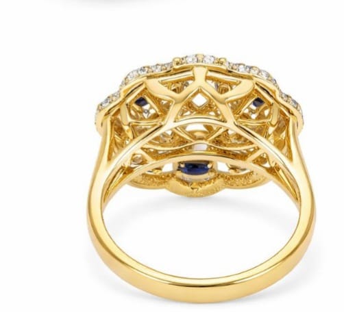 Silver Gold Floral Statement Ring with Blue Stones